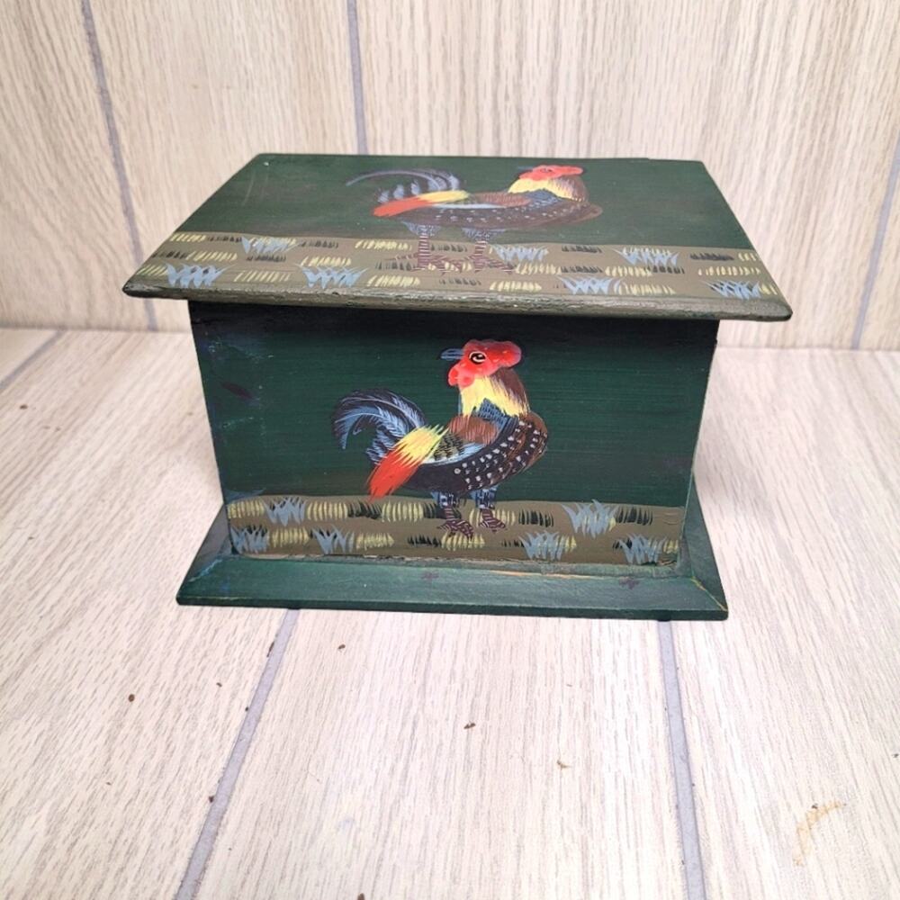 Vintage Han Painted Rooster Wood Recipe Box Bird Farmhouse Country Prairie